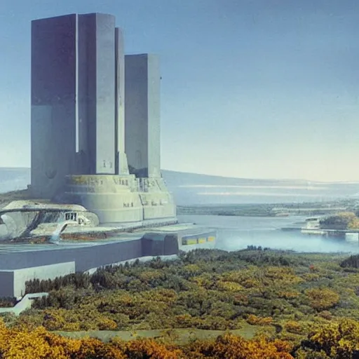 Prompt: a sci - fi building in a stunning landscape with a city in the distance by alvar aalto