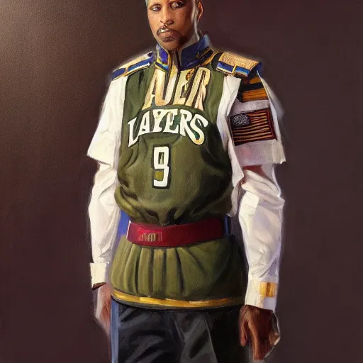 Prompt: full body portrait of saber from fate as the dictator of the los angeles lakers in full military garb, oil on canvas by william sidney mount, trending on artstation