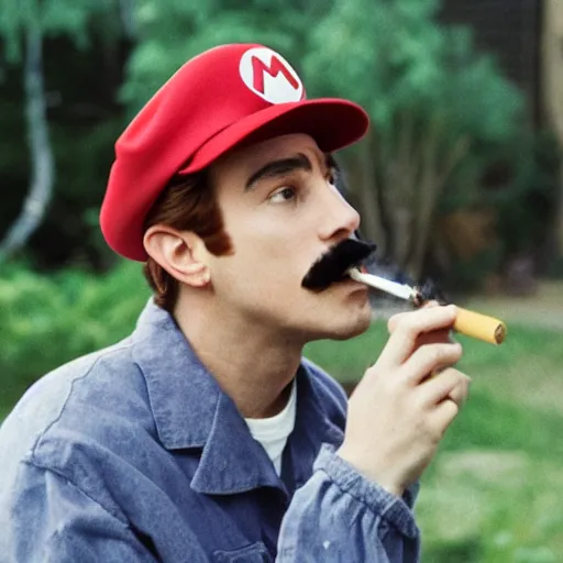 Image similar to Mario smoking weed in an A24 film aesthetic