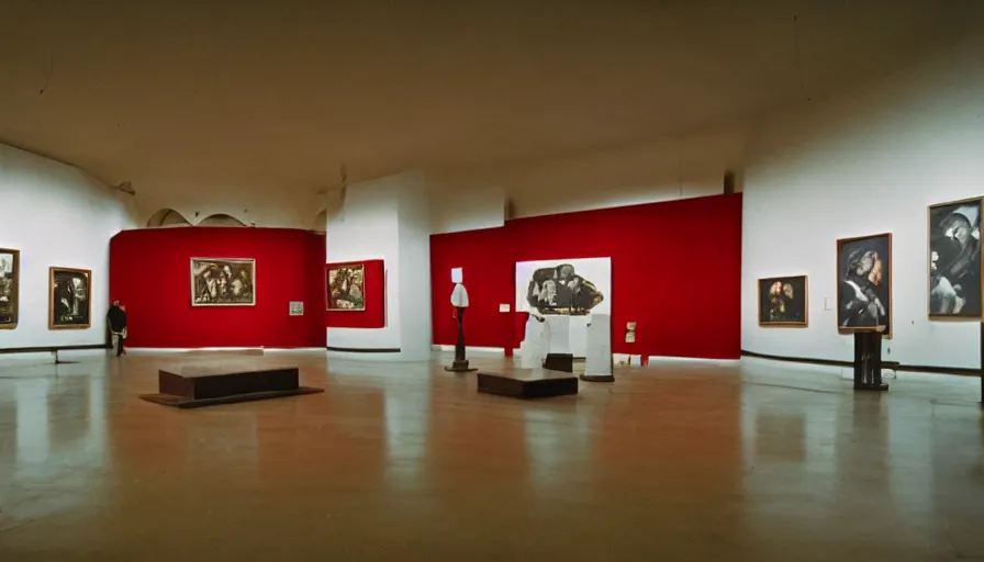 Image similar to 60s movie still of a sovietic empty museum stalinist style with one chair, cinestill 800t 10mm eastmancolor, liminal Space style, heavy grain, high quality, high details, panoramic