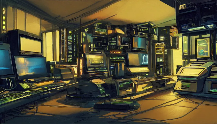 Image similar to a rendering of a detailed interior of a cyberpunk bedroom with computers and cables, soft neon lighting, metallic surfaces, sci-fi concept art, by Syd Mead, oil on canvas