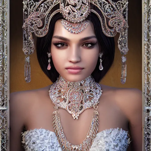 Image similar to portrait of pretty princess with perfect skin, glowing, ornate and intricate diamond jewelry, jaw dropping beauty, ornate and intricate backdrop, white accent lighting, hyper detailed, 4 k octane render