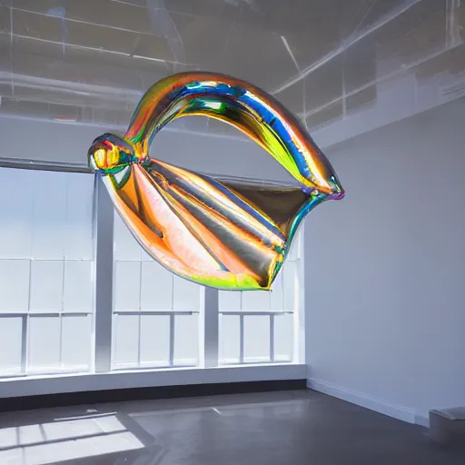 Image similar to an ultra high definition professional studio quality photograph of a transparent iridescent perspex pastel coloured inflatable abstract parachute sculpture in an empty white room. dramatic lighting, ray tracing, refraction, shallow d. o. f, colour corrected, golden ratio, three point light. volumetric shadows. god rays.