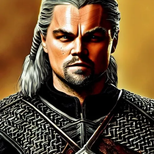 Prompt: Leonardo Dicaprio dreesed as Geralt of Rivia in Witcher