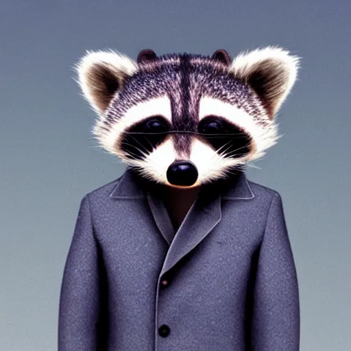 Image similar to anthropomorphic racoon, chibby, male, blue jacket