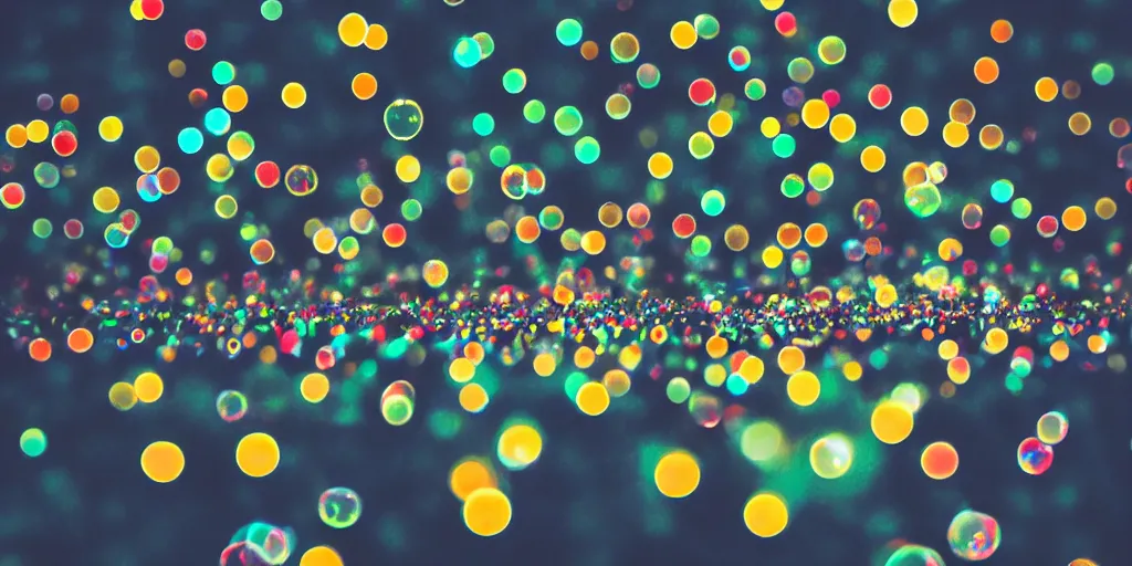 Prompt: hundreds of tiny bubbles floating in a dark room and a single lamp illuminating the darkness from the corner, vivid colours, soft bokeh, LSD, stylish,