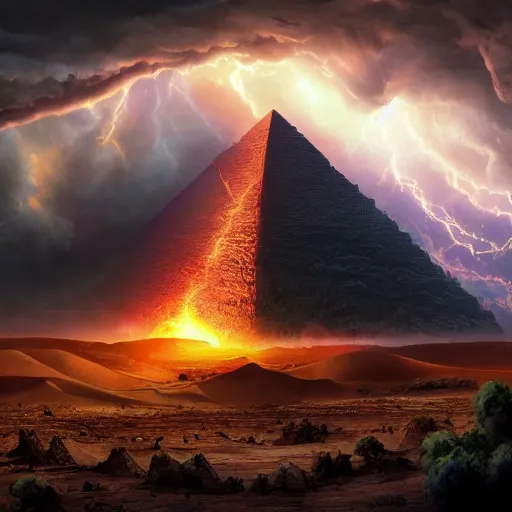 Prompt: In front a evil raccoon ploting the destruction of earth, in background a giant stormy rift in reality opens over a pyramid in the desert, award-winning, trending on artstation, oil on canvas, masterpiece, matte painting