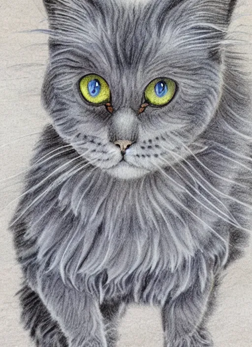 Prompt: a long haired lavender grey selkirk rex cat energetically chases a chubby darktortie scottish fold cat, realistic colored pencil rendering eccentric illustration neo - classical, rule of thirds