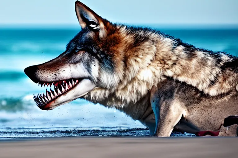 Image similar to professional photo of a shark body and canine wolf muzzle head half wolf half shark strange chimera discovered on the beach