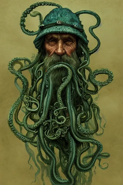 Image similar to portrait of an old fisherman with tentacles growing on him, blue and green, eldritch, d & d, face, fantasy, intricate, elegant, highly detailed, digital painting, artstation, concept art, smooth, sharp focus, illustration, art by greg rutkowski