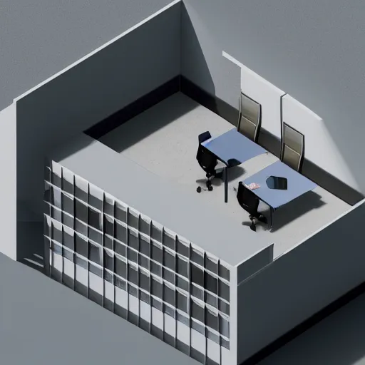 Prompt: isometric view of an office, clean, minimalist, brutalist style, harsh light and shadows, octane render