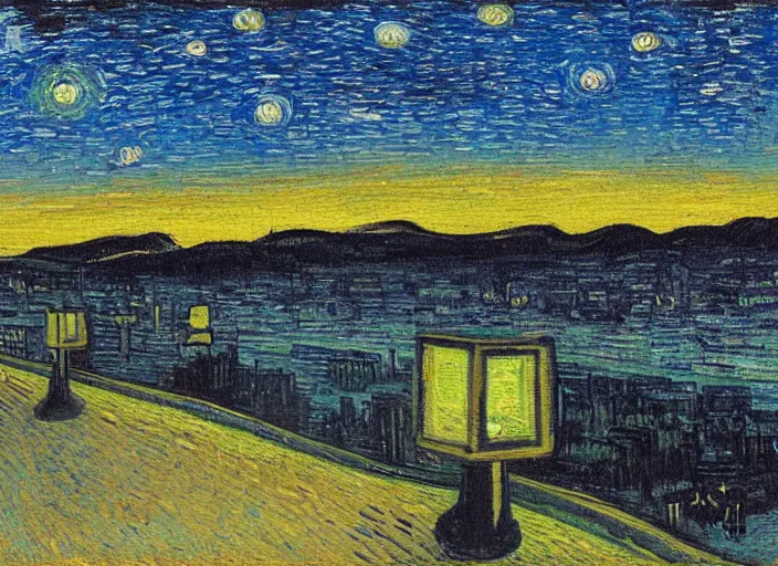 Image similar to painting of a ufo sighting above a city at dusk, in the style of vincent van gogh and edward hopper