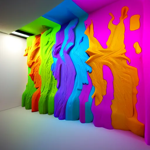 Prompt: : colorful abstract melty sculpture art on the wall in modern architecture studio, cinematic lighting, hyper - realistic, detailed, render by c 4 d octane, unreal engine, 8 k 3 d render