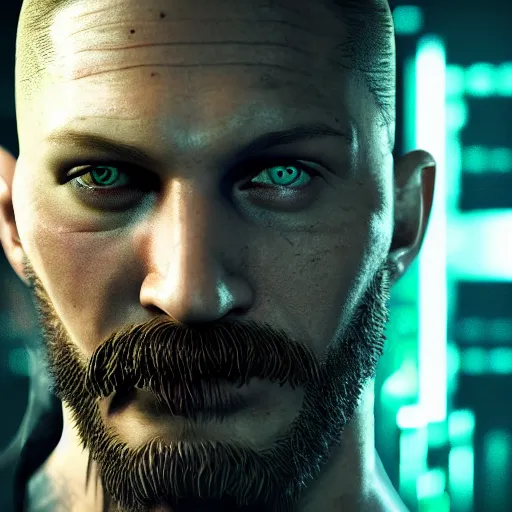 Image similar to tom hardy portrait, cyberpunk 2 0 7 7, cyberpunk, photorealistic, ultra detailed, neon, octane, bokeh, cinematic lighting, cyber, cyberpunk city, studio quality, feature, scars, cyberface, 8 k