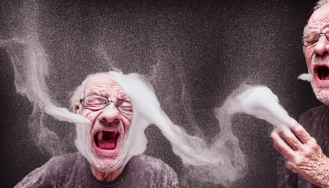 Image similar to o hyper realistic photo of a weathered old man, feedback loop, burst of powders, volumetric lighting, twisting vapour, bellowing dust, emerging hands and beautiful woman's screaming face, full colour, upscale, 4 k