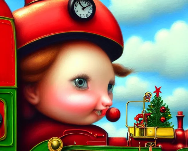 Image similar to closeup profile portrait of victorian steam trains, nicoletta ceccoli, mark ryden, lostfish, max fleischer, hyper realistic, artstation, illustration, digital paint, matte paint, vivid colors, bright, cheerful, detailed and intricate christmas environment