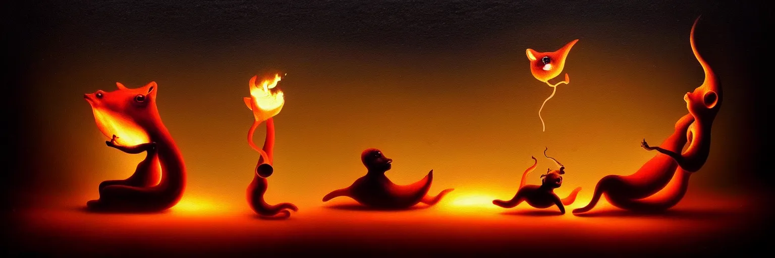 Image similar to whimsical microscopic creatures from the depths of the mind, dramatic lighting from fire glow, surreal darkly painting by ronny khalil