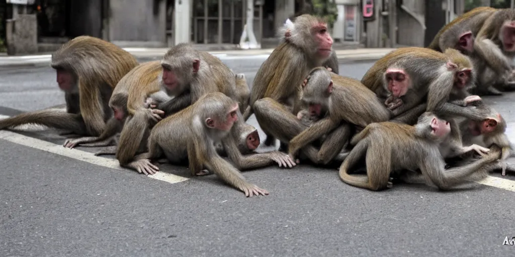 Prompt: a tight shot of a dozen monkeys attacking a street in Japan by Ashley Wood, rule of thirds