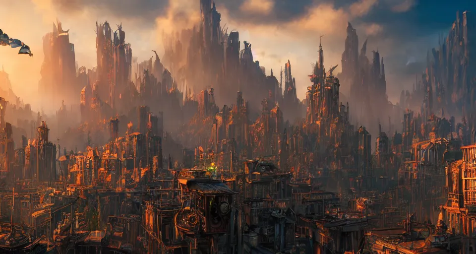 Prompt: An epic fantasy comic book style landscape painting of a thieves zipping through the skyline of a vibrant steampunk city, unreal 5, DAZ, hyperrealistic, octane render, dynamic lighting