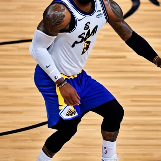 Image similar to professional close up shot photograph of lebron james sleeping on the court in an nba game, wearing nba jersey, standing, clear image, as seen on getty images, smooth, uncompressed,