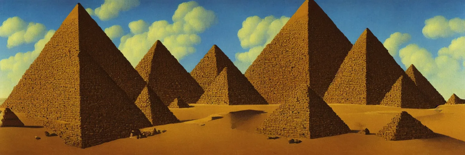 Image similar to pyramids at giza oil painting magritte