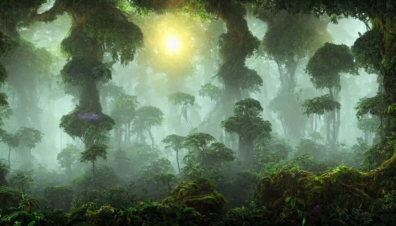 Image similar to deep jungle forest realm biodiversity , side-scrolling 2d platformer game level, swirling clouds of magical mist through the trees, small chunks of forest soil floating like islands between the tree trunks, dramatic dusk sun illuminates areas , volumetric light , detailed entangled roots carpet the forest floor, rich color , upscale , 8k
