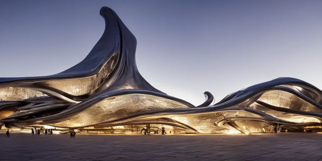 Prompt: extremely detailed ornate stunning sophisticated beautiful elegant futuristic museum exterior by Zaha Hadid, Milan buildings in the background, smooth curvilinear design, stunning volumetric light, stainless steal, concrete, translucent material, beautiful sunset, tail lights