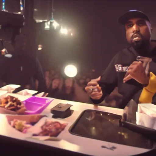 Image similar to blurry, gopro footage of kanye west eating at taco bell, cinematic, volumetric lighting, night, rain