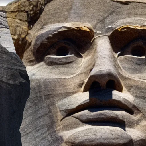 Image similar to donald trump's face carved into the rock on mount rushmore. the photo clearly depicts donald trump's facial features next to other former presidents, at a slightly elevated level, depicting his particular hair style carved into the stone at the mountain top, centered, balances, regal, pensive, powerful, just