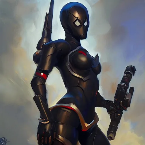 Image similar to greg manchess portrait painting of an armored dark female iron spiderman as overwatch character, medium shot, asymmetrical, profile picture, organic painting, sunny day, matte painting, bold shapes, hard edges, street art, trending on artstation, by huang guangjian, gil elvgren, ruan jia, greg rutkowski, gaston bussiere