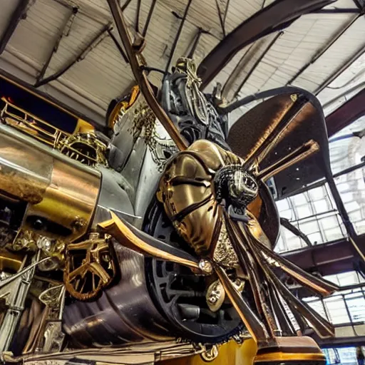 Image similar to A mechanical gyroscope airplane with a train crashing into the back of it, steampunk, style