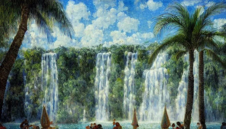 Image similar to a ultradetailed beautiful painting of the diamonds waterfall in the amazonas palace balustrade designed by jules bastien - lepage, tarsila do amaral, frank weston and gustave baumann, beach, trending on artstation, mediterranean, palm trees, sharp focus, soft light, 8 k 4 k