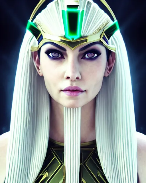 Image similar to perfect white haired attractive egyptian goddess with green eyes, warframe armor, pharaoh headdress, beautiful, symmetric, dreamy, half asian, pretty face, charlize theron, detailed, scifi platform, laboratory, experiment, 4 k, ultra realistic, epic lighting, android body, illuminated, cinematic, masterpiece, art by akihito tsukushi, voidstar