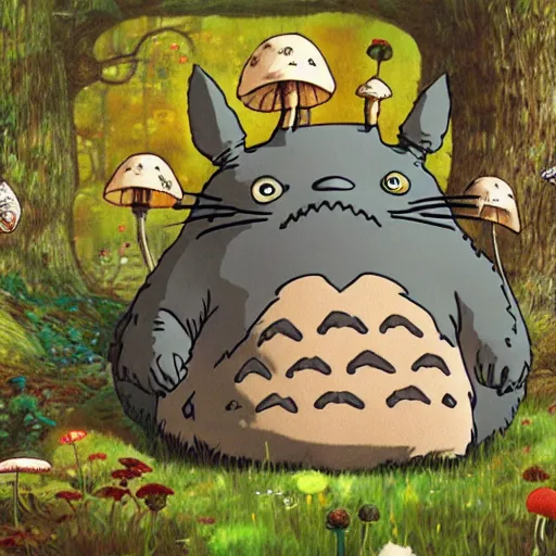 Image similar to totoro tripping on shrooms in wonderland, intricate detail, royo, klimt, miro, vallejo, frazetta, giger, whealan, hd, unreal engine,