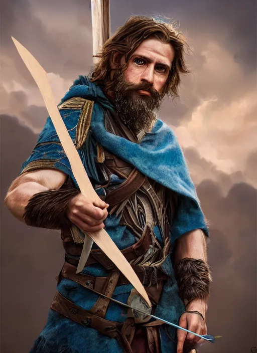 Prompt: A striking hyper real painting of a half elf ranger holding a cross bow with magic blue swirls, shaggy brown hair, scruffy beard, scar on face, blue tunic, unreal 5, DAZ, hyperrealistic, octane render, cosplay, RPG portrait, dynamic lighting