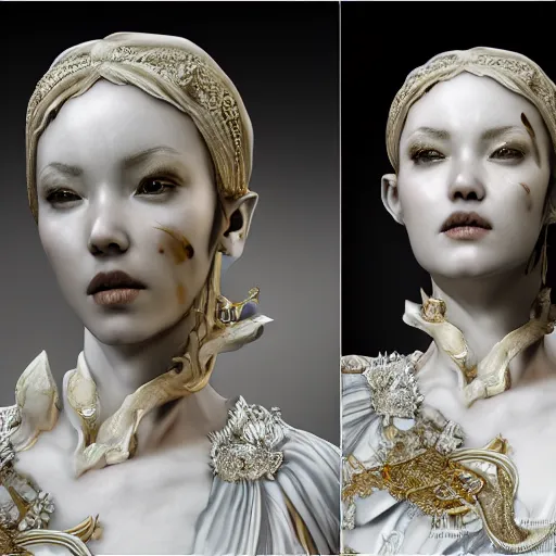 Image similar to a marble statue masterpiece of a gorgeous evil woman with white and gold, macro detailed oily skin, by kim jung gi, irakli nadar, intricate linework, bright colorshighly detailed, sharpness. victorian dress, hyper realistic., close up, face only, portrait, bright lights, bright render, octane render, corona render