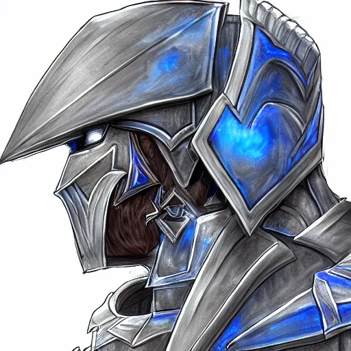 Prompt: three side view concept art digital art fantasy warrior heavy armor sketching colored armor royal blue and silver paladin