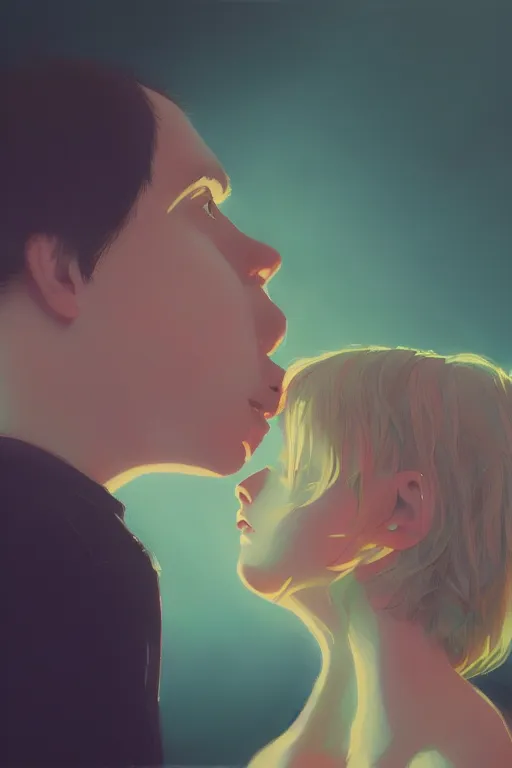 Prompt: a portrait of a young todd solondz, kissing a girl, vivid colors, soft lighting, atmospheric, cinematic, moody, in the style of francis bacon and ilya kuvshinov and range murata, krenz cushart, oil on canvas, 8 k