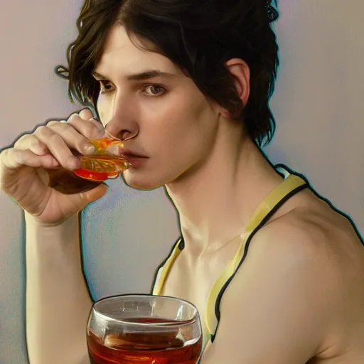 Image similar to portrait painting of john carmac drinking tequilla, ultra realistic, concept art, intricate details, serious, highly detailed, photorealistic, octane render, 8 k, unreal engine. art by artgerm and greg rutk owski and alphonse mucha