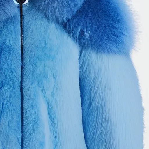 Image similar to an award - winning editorial photo of a nike jacket made of very fluffy blue faux fur : : with a reflective iridescent oversized collar, dramatic lighting, realistic, designed by alexander mcqueen