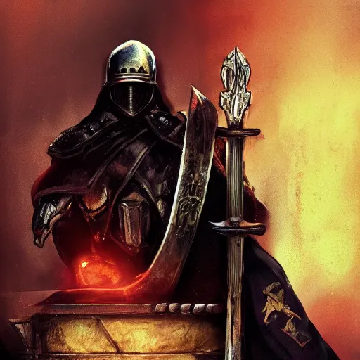 Image similar to a fallen knight with a closed helmet and cloak sits menacingly on a throne with a sword in his hand against a black imperial flag, artstation trands, cinematic light, colorful