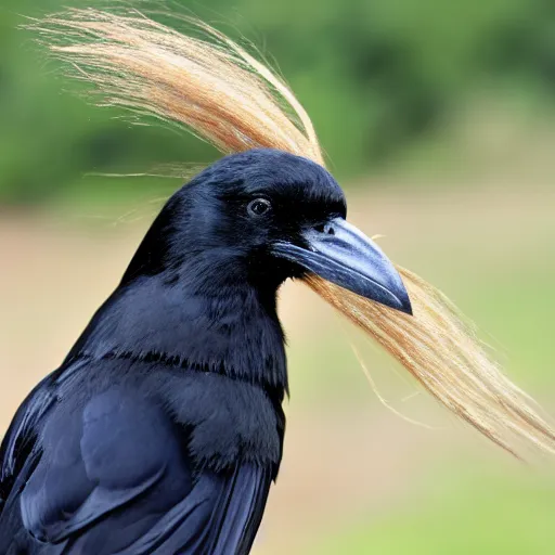 Prompt: a photo of a crow wearing a blonde wig.