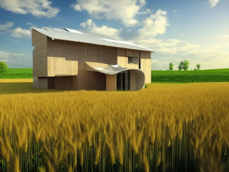 Image similar to hyperrealism concept art design of beautiful eco house in small ukrainian village, wheat field behind the house