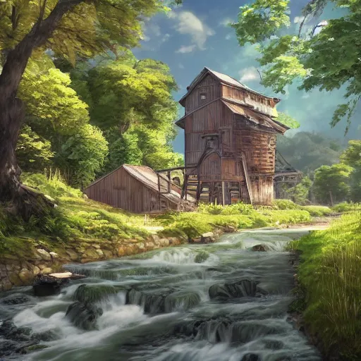 Prompt: concept art painting of a historic mill with european and japanese architecture, by a river, in a woodland village surrounded by trees and mountains, realistic, detailed, cel shaded, in the style of makoto shinkai and greg rutkowski and james gurney