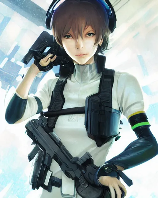 Image similar to nami, anime key visual of a young female swat officer, neon, cyberpunk, futuristic, white clothing, black vest, swat helmet, stunning, highly detailed, digital painting, smooth, soft focus, illustration, 4 k digital art from artstation by artgerm and greg rutkowski and alphonse mucha