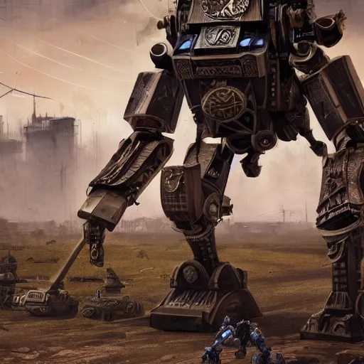 Image similar to gigantic bipedal humanoid lethal robot war machine standing in a battlefield, steam punk, 70's sci-fi, highly detailed, sharp focus, photorealistic, hyperrealistic, deep aesthetic, 4k, highly ornate intricate details, cinematic lighting, rich colors, digital artwork, ray tracing,