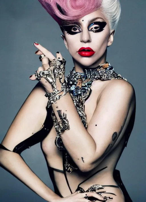 Image similar to lady gaga styled by nick knight posing, photohoot, set pieces, intricate set, vogue magazine, canon, highly realistic. high resolution. highly detailed. dramatic. 8 k. 4 k.