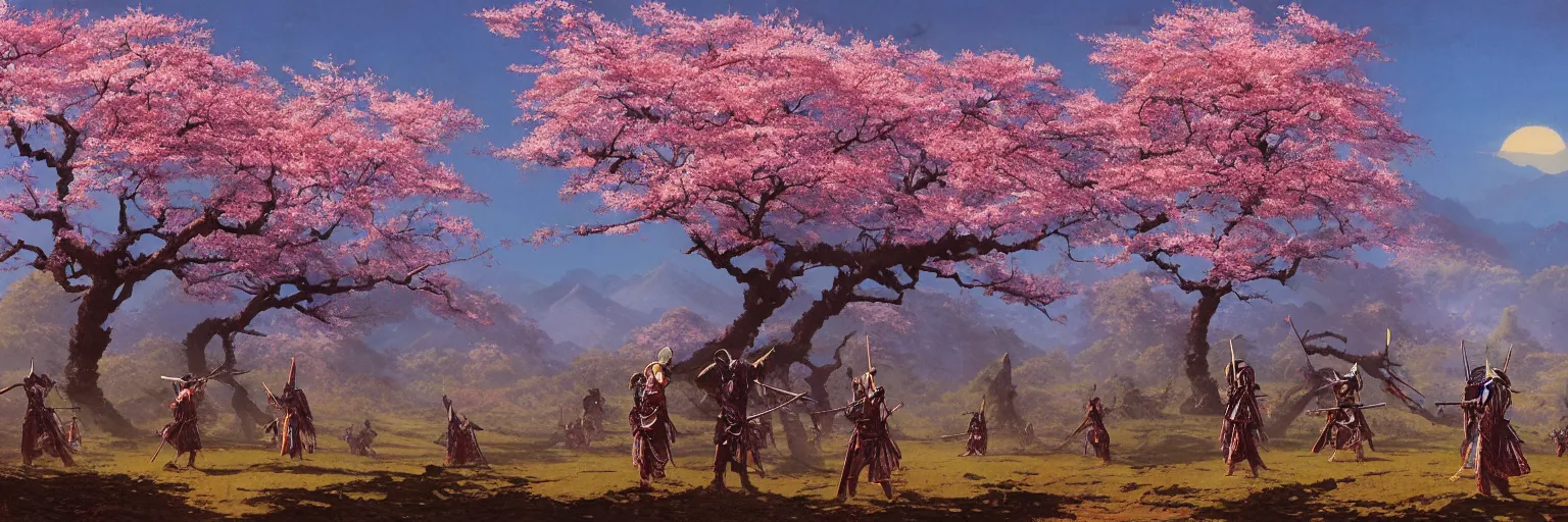 Prompt: awe-inspiring bruce pennington landscape digital art painting of two groups of samurai meeting in battle in Feudal Japan, cherry blossoms on trees, 4k, matte