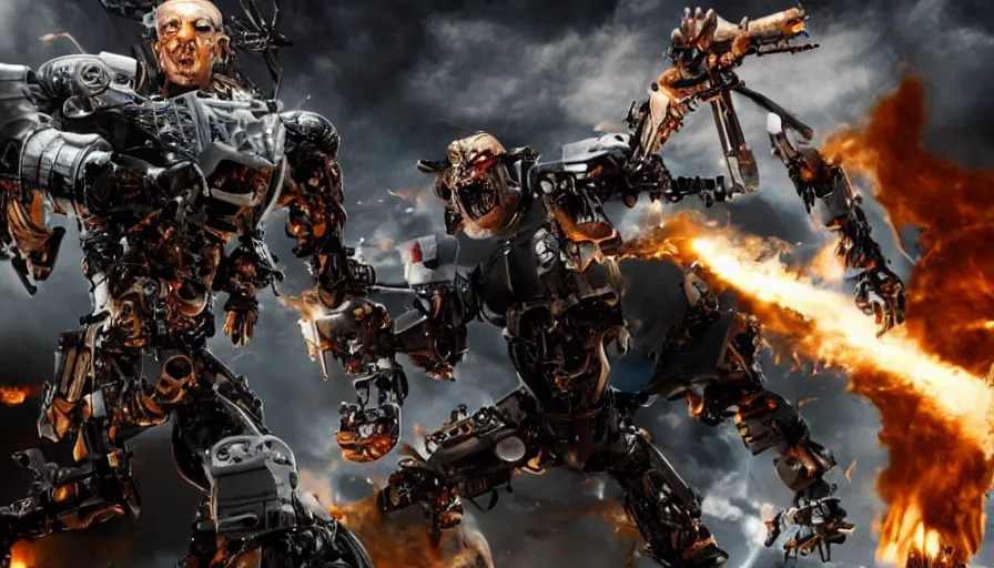 Image similar to big budget action movie about a demonic battle cyborg smashing up a science lab