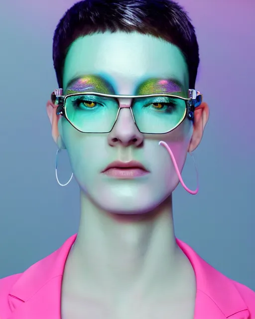 Prompt: natural light, soft focus portrait of an androgynous android with soft synthetic pink skin, blue bioluminescent plastics, smooth shiny metal, elaborate glasses, piercings, face tattoo, skin textures, by annie liebovotz, paul lehr,